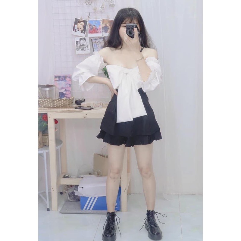 Set áo nhún lưng nơ to tay lửng và chân vây xếp ly có túi
