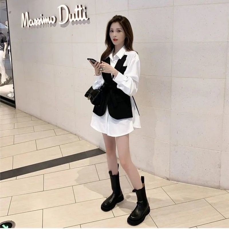 [Order] Đầm sơ mi trắng thiết kế phối vest đen liền Quảng Châu đẹp có size