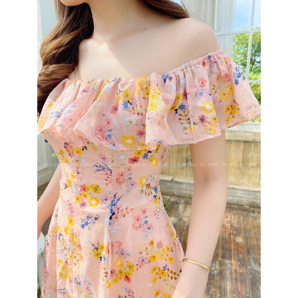 Váy hoa nữ ngắn tay dáng dài trễ vai bèo đính cúc Roise Dress màu hồng chất tơ tằm cao cấp YAME