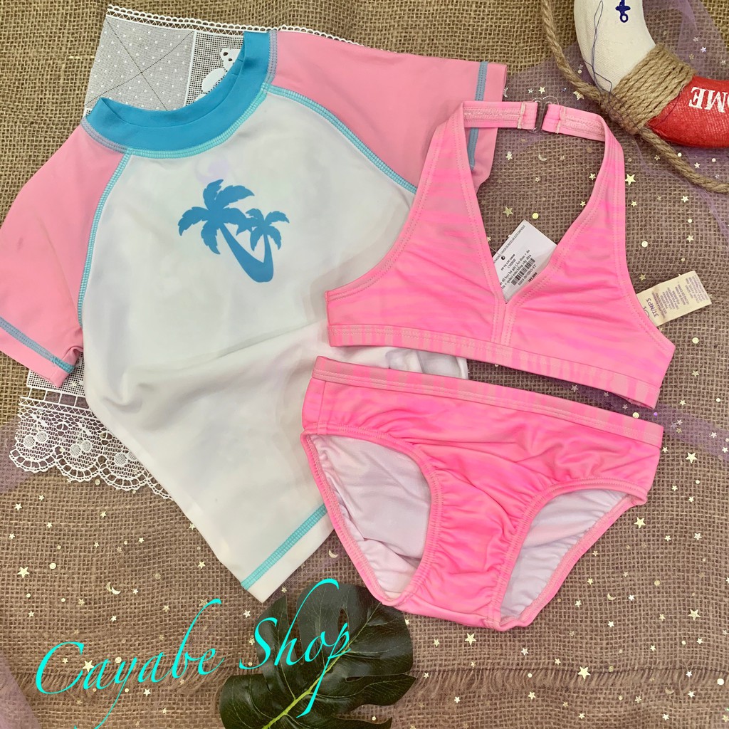 SET ĐỒ BƠI BÉ GÁI CAYABE (ÁO BƠI TAY NGẮN + ÁO BIKINI + QUẦN BƠI) MÀU HỒNG CÂY DỪA