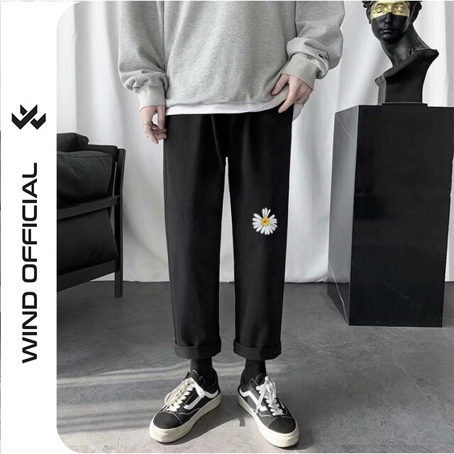 Quần baggy Wind unisex kaki ống suông Thêu Hoa Cúc nam nữ form rộng ullzang