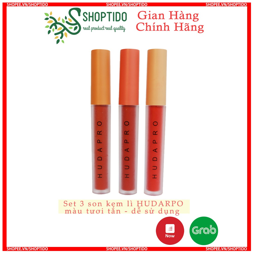 Set 3 son kem lì, nhẹ và mịn môi HUDAPRO đủ 2 Tone Love Lip Glaze NPP Shoptido