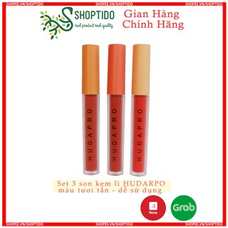 Set 3 son kem lì, nhẹ và mịn môi HUDAPRO đủ 2 Tone Love Lip Glaze NPP Shoptido
