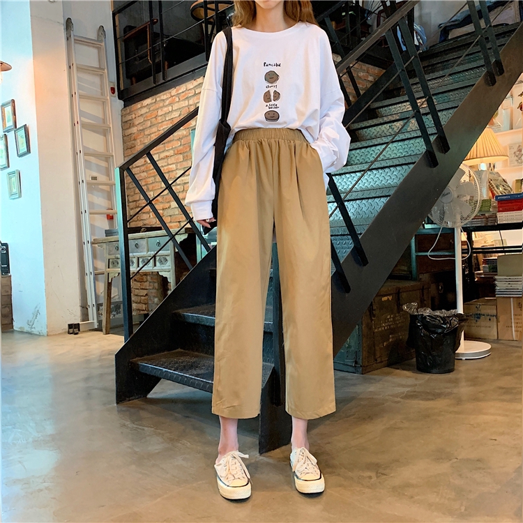 SUXI Quần ống rộng lưng thun co dãn theo phong cách Hàn Quốc