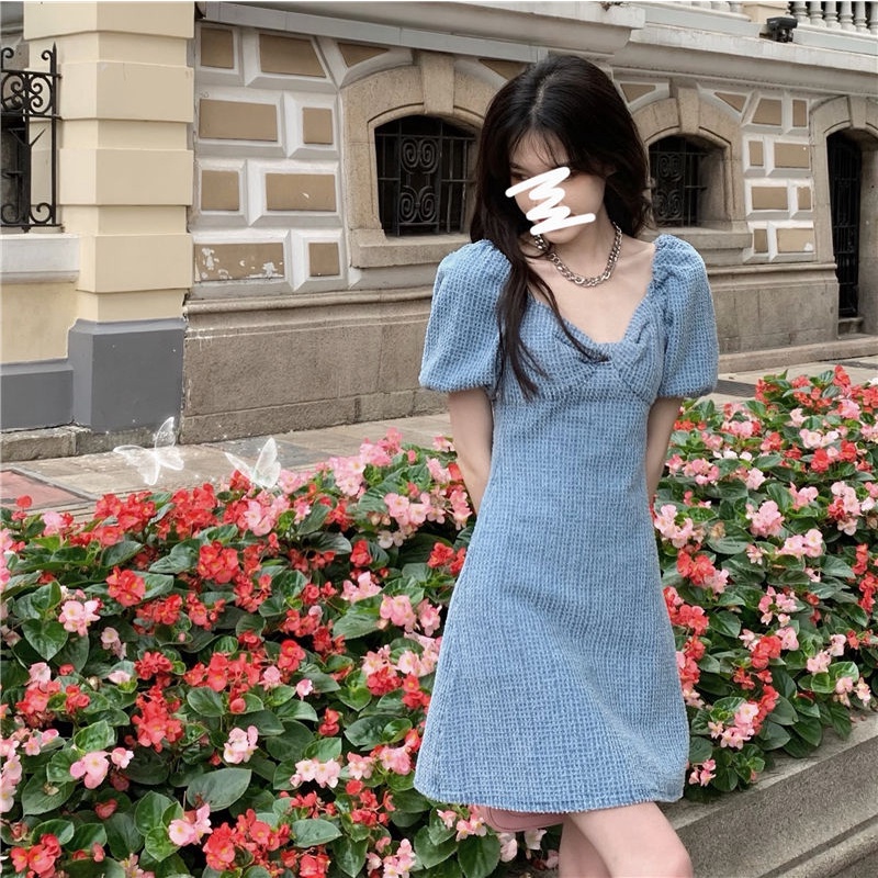 Đầm denim tay phồng cổ chữ v thời trang xinh xắn cho nữ