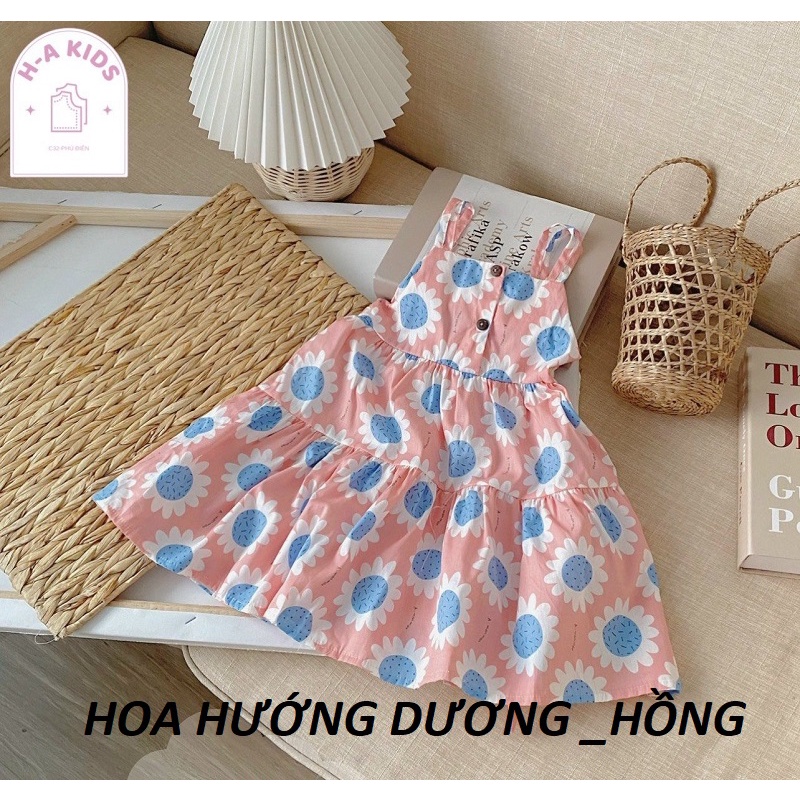 Váy bé gái 2 dây hoa hồng hở lưng 4 mầu Xanh,Vàng và Hồng XHN873