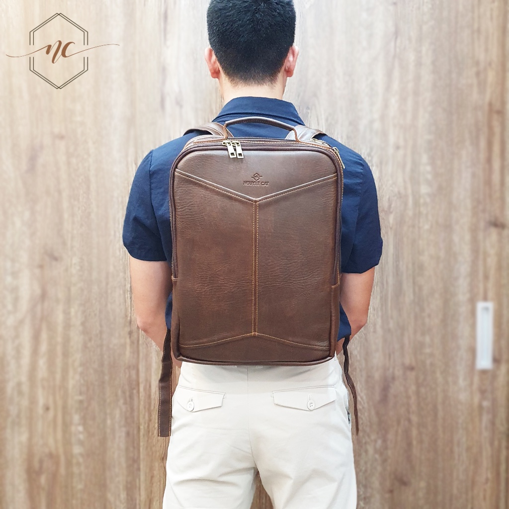 Balo Đựng Laptop NGUYET CAT Leather, Da Pu Cao Cấp, Thời Trang, Trẻ Trung Cho Nam, Balo Thời Trang Chống Nước NC09
