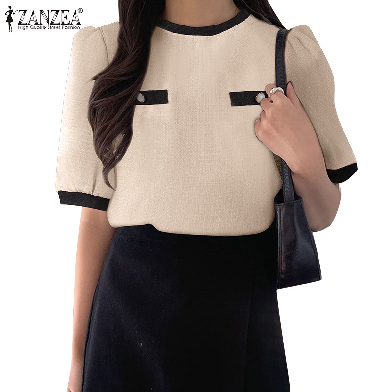 ZANZEA Áo Kiểu Cổ Tròn Tay 3 / 4 Màu Tương Phản Thời Trang Hàn Quốc Cho Nữ