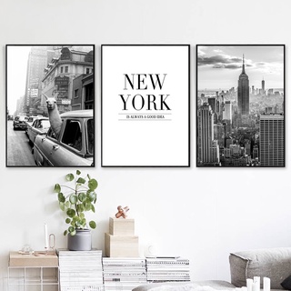 Tranh vải bạt in hình thành phố New York màu trắng đen dùng trang trí phòng khách