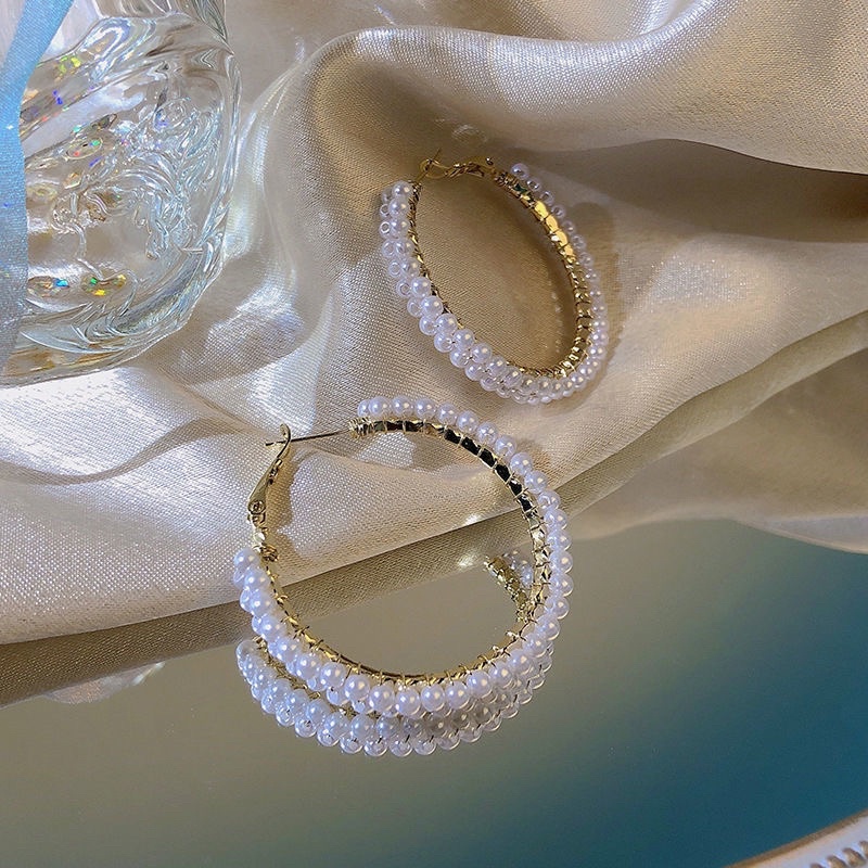 Bông tai khuyên tai vòng tròn đính châu sang chảnh