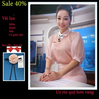 Áo Sơ mi lụa tay lỡ công sở kiểu dáng tay bồng cổ đức màu hồng và trắng OFL , A27