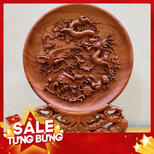 Đĩa trang trí phong thủy khắc tứ linh gỗ hương