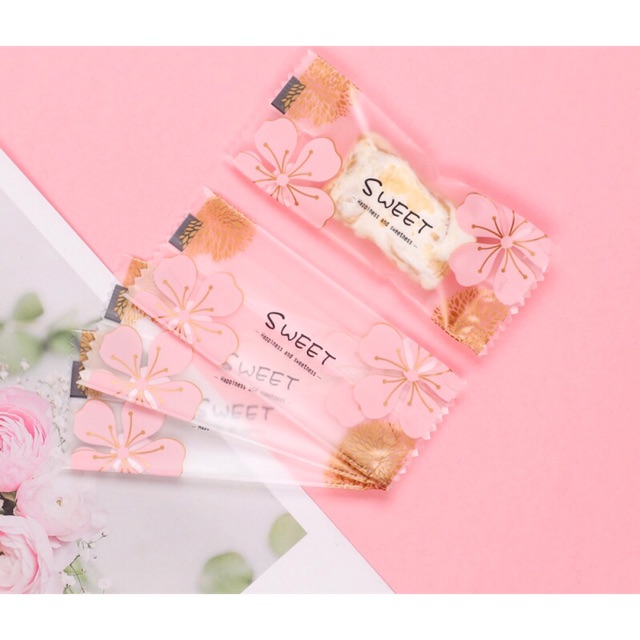 Túi nhựa kẹo nougat hoa đào - 200 cái hàn miệng túi (24.7)
