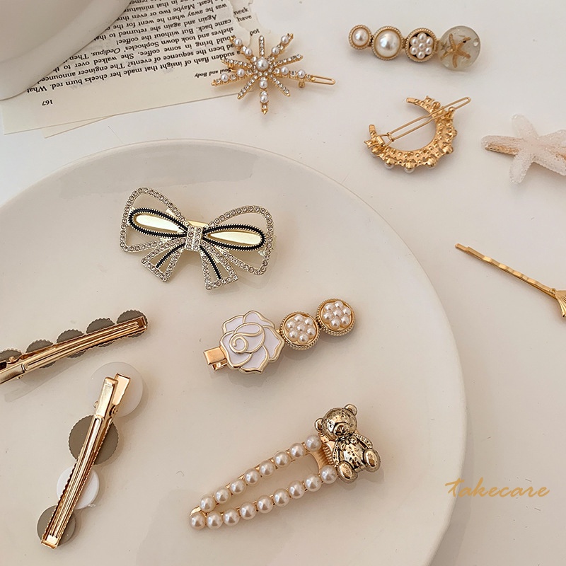 Set 5 kẹp tóc đính hạt kim loại phong cách vintage ngọt ngào cho nữ