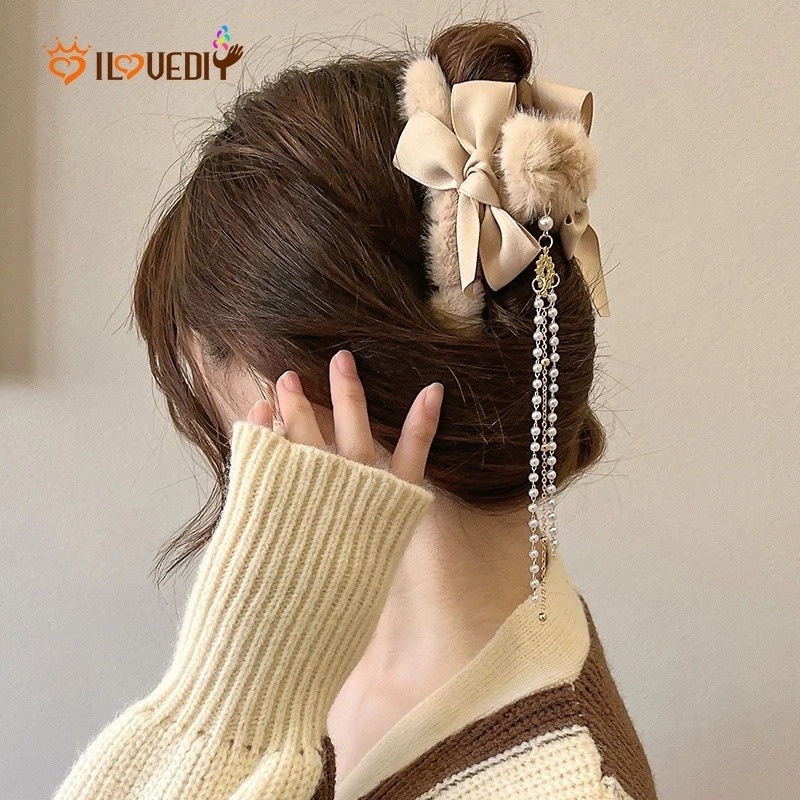 1 Kẹp Tóc Đuôi Ngựa Dài Đính Nơ Bằng Lông Giả Ngọt Ngào Thanh Lịch Cho Nữ