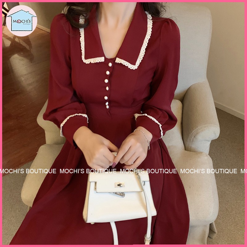 Váy đầm nữ dáng dài xòe cổ bẻ, mẫu váy đầm nữ đẹp dài tay, 2 màu đen đỏ nổi bật, chân váy dài qua gối nữ tính-M041 | BigBuy360 - bigbuy360.vn