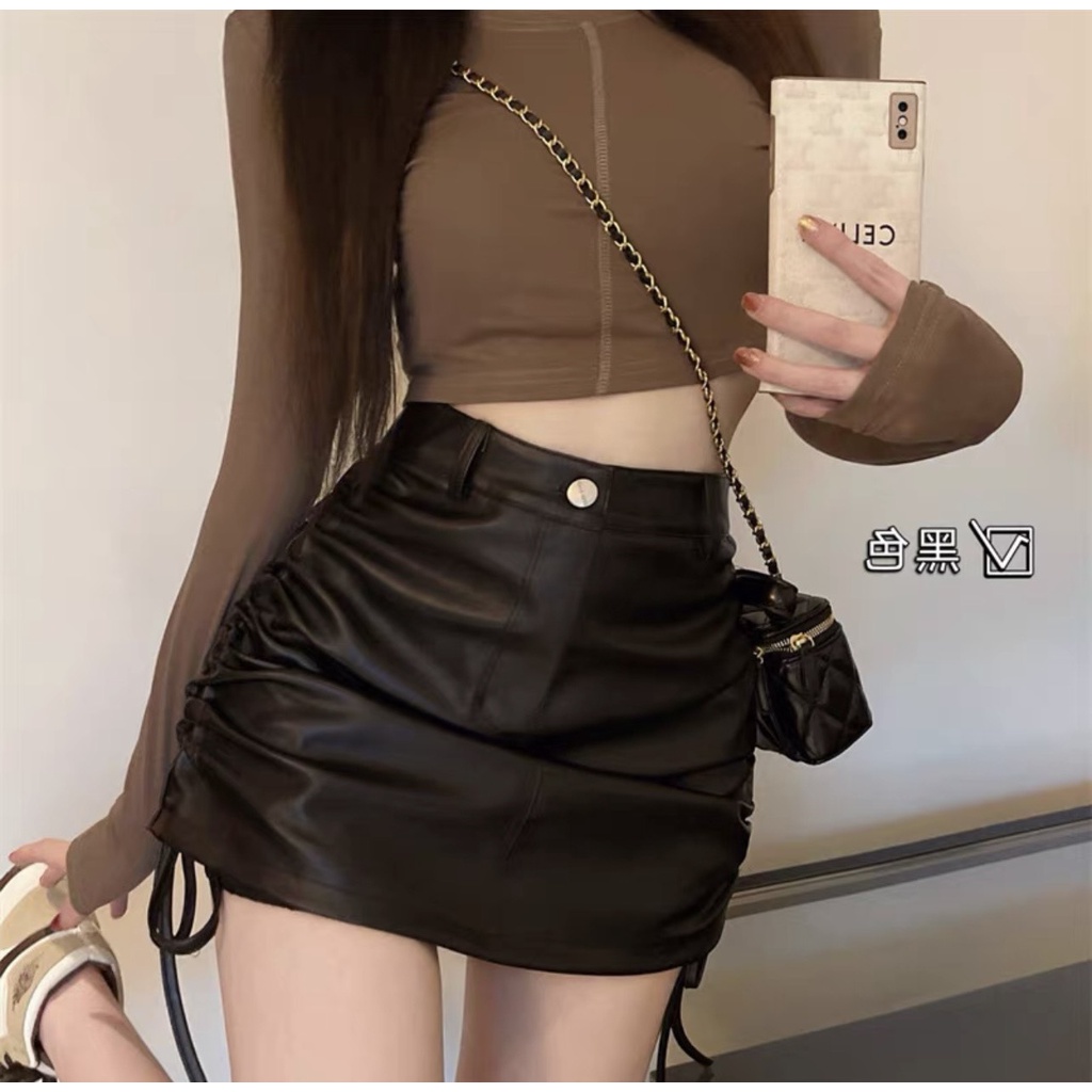 Chấn Váy Da Cao Cấp Chữ A - Chân Váy Rút Hông Cúc Chéo Dáng Ngắn Công Sở Ôm Body Hàn Quốc Quần Đùi Giả Váy
