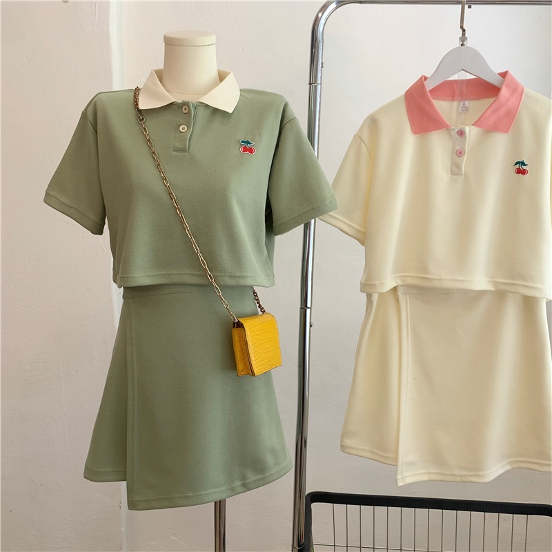 Bộ đồ SUXI gồm áo thun polo ngắn tay và chân váy chữ A lưng cao ôm dáng đơn giản thời trang mùa hè dành cho nữ