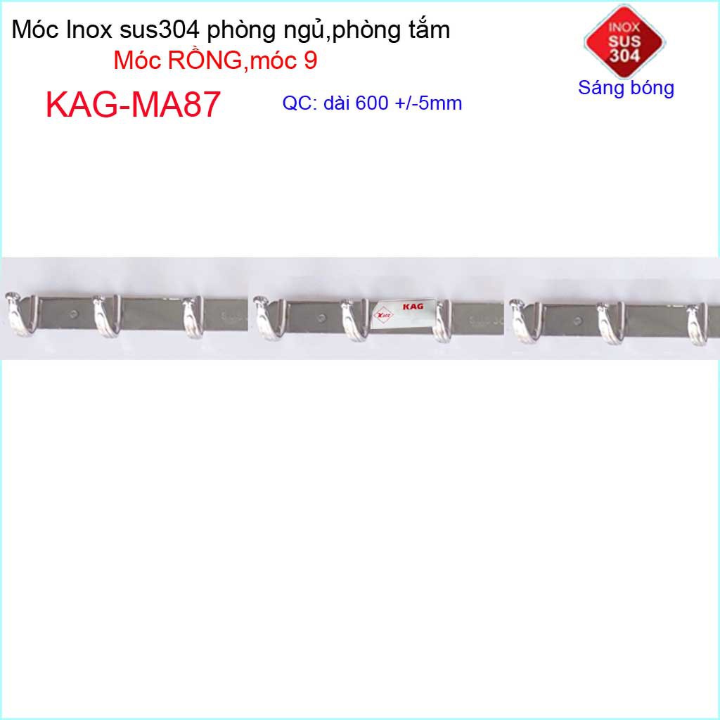 Móc rồng treo quần áo inox 304 cao cấp dày, móc Kace 9 móc treo đồ nhà tắm KAG-MA87