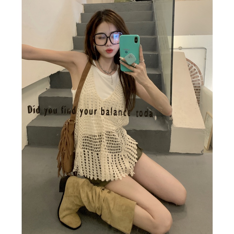 QKOOLE  Set Áo Len Sát Nách Và Quần Dài Ống Rộng Phong Cách Hàn Quốc Dành Cho Nữ crop top