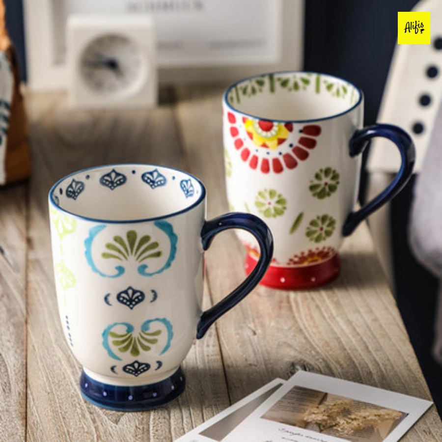Cốc sứ uống trà, cafe - họa tiết vẽ tay - 500ml dáng cao độc đáo - phong cách Bắc Âu