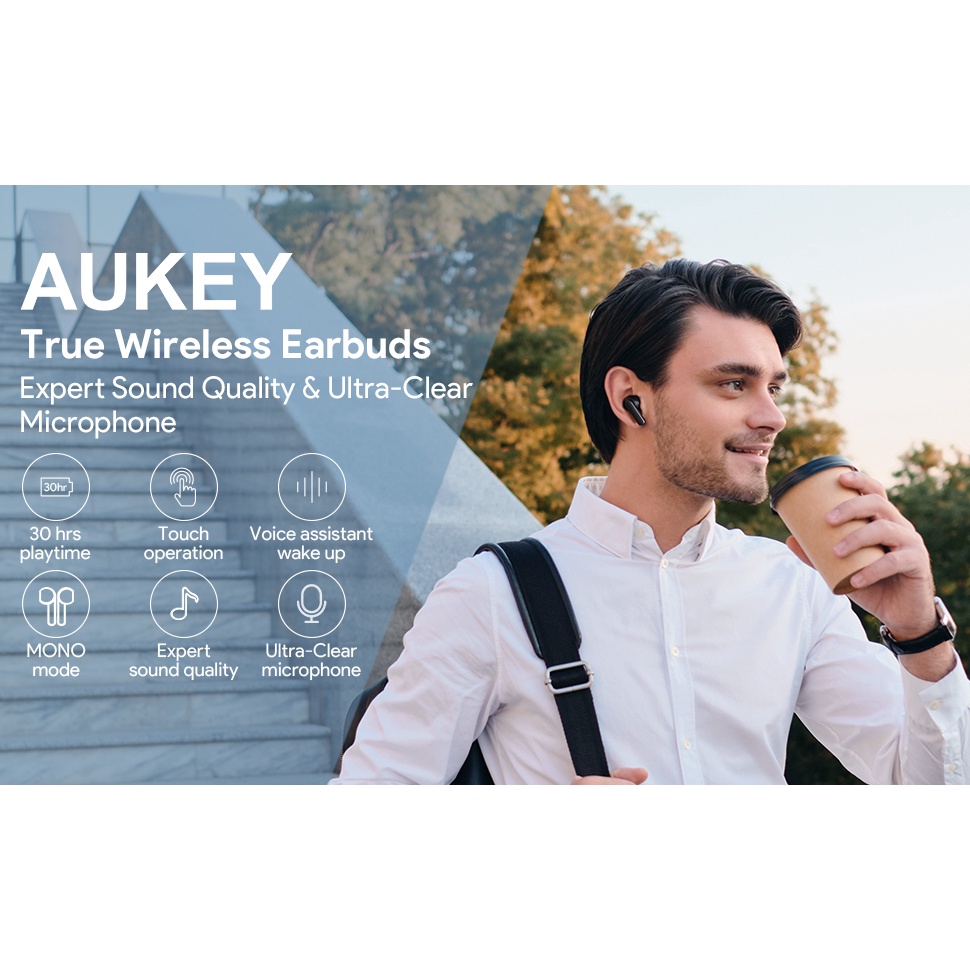 【Giao Hỏa Tốc】Tai Nghe TWS AUKEY EP-M1 Chip 10mm PEEK + PU, BT 5.0, Nghe Đến 30H, IPX4 - Chính Hãng BH 18 Tháng