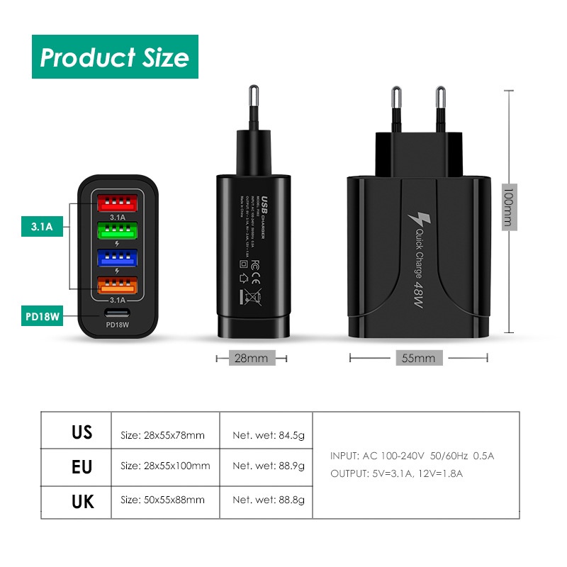 Củ Sạc Nhanh 48W 4 Cổng USB Cho Điện Thoại i-Phone 14 13 Pro Max