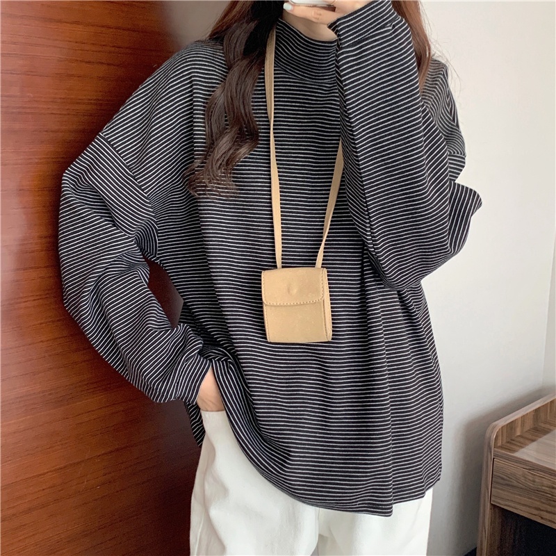 SUXI Áo Thun Tay Dài Cổ Lọ Hoạ Tiết Kẻ Sọc Thiết Kế Dáng Rộng Thoải Mái