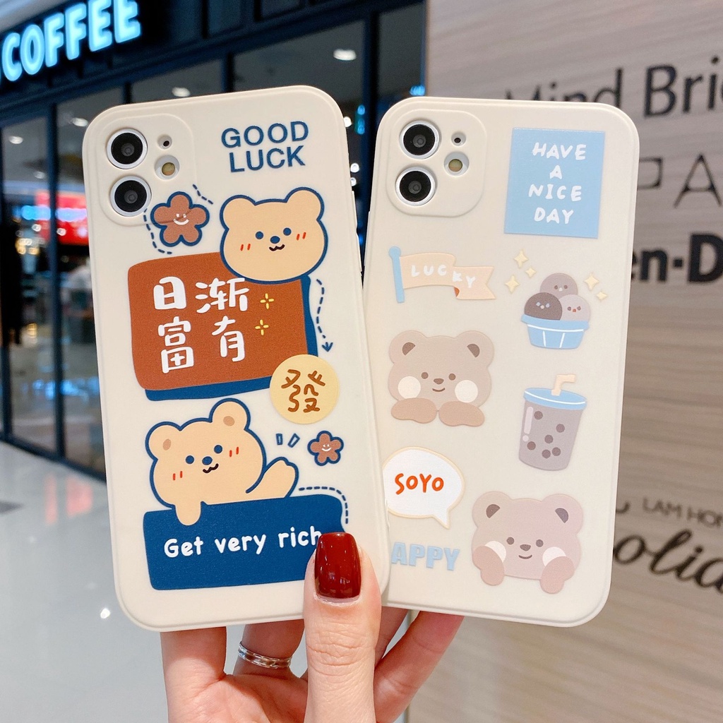 Ốp lưng Oppo A15 A15S A16 A16K A52 A92 A53 A93 A54 A55 A57 2022 A77s A74 A95 A76 A96 silicon dẻo cạnh vuông Gấu lucky