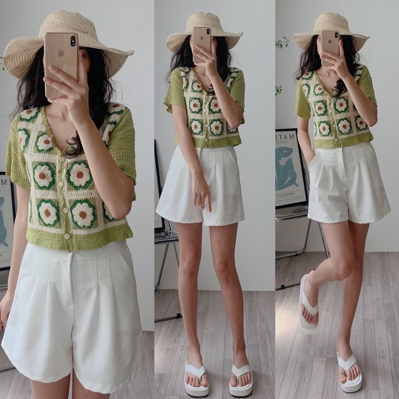 [Ảnh thật/Videp]Áo len pha tay hoa thêu Sunday  mã hai màu hồng xanh Áo mongtogi hàng Quảng Châu