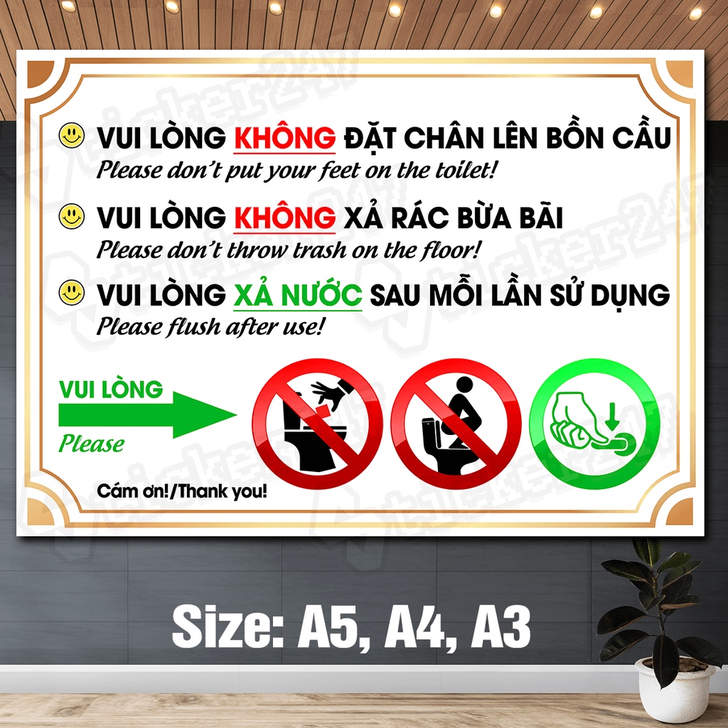 Poster/Sticker tấm decal dán biển báo nhà vệ sinh, toilet, restroom, nhà tắm, WC... chống nước