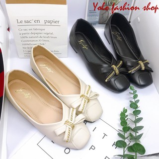 Giày bệt búp bê nữ đính nơ chéo xinh xắn da mềm êm chân - B14