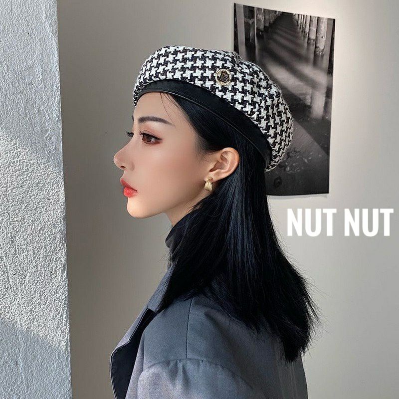 Nón Beret nữ dạ - mũ nồi caro thu đông thời trang Hàn Quốc có dây rút cho nữ M01