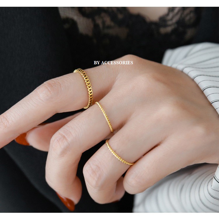 Nhẫn nữ titan chuỗi trái tim nhỏ xinh mạ vàng 18K không gỉ