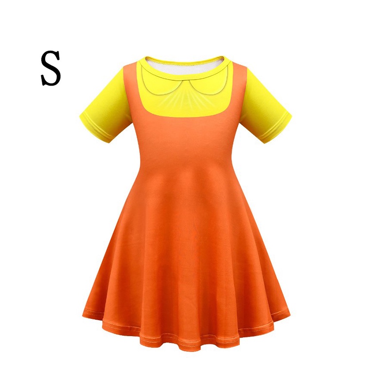 New Squid Game Robot Doll Star Cosplay Dresses Scary Yellow Little Girl Kids Short Sleeve Halloween Costume On Sale