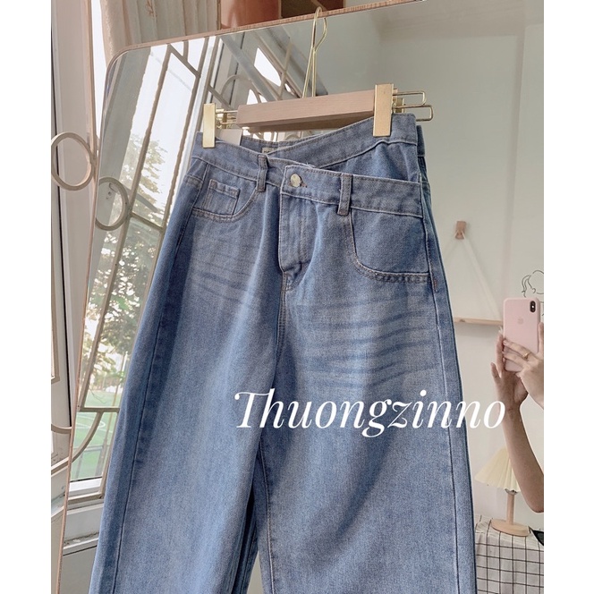 [Ảnh thật/Video] Quần bò jeans cạp khuy lệch ống suông Quần Ống Rộng Nữ 1 Cúc Cạp Chéo Ulzzang