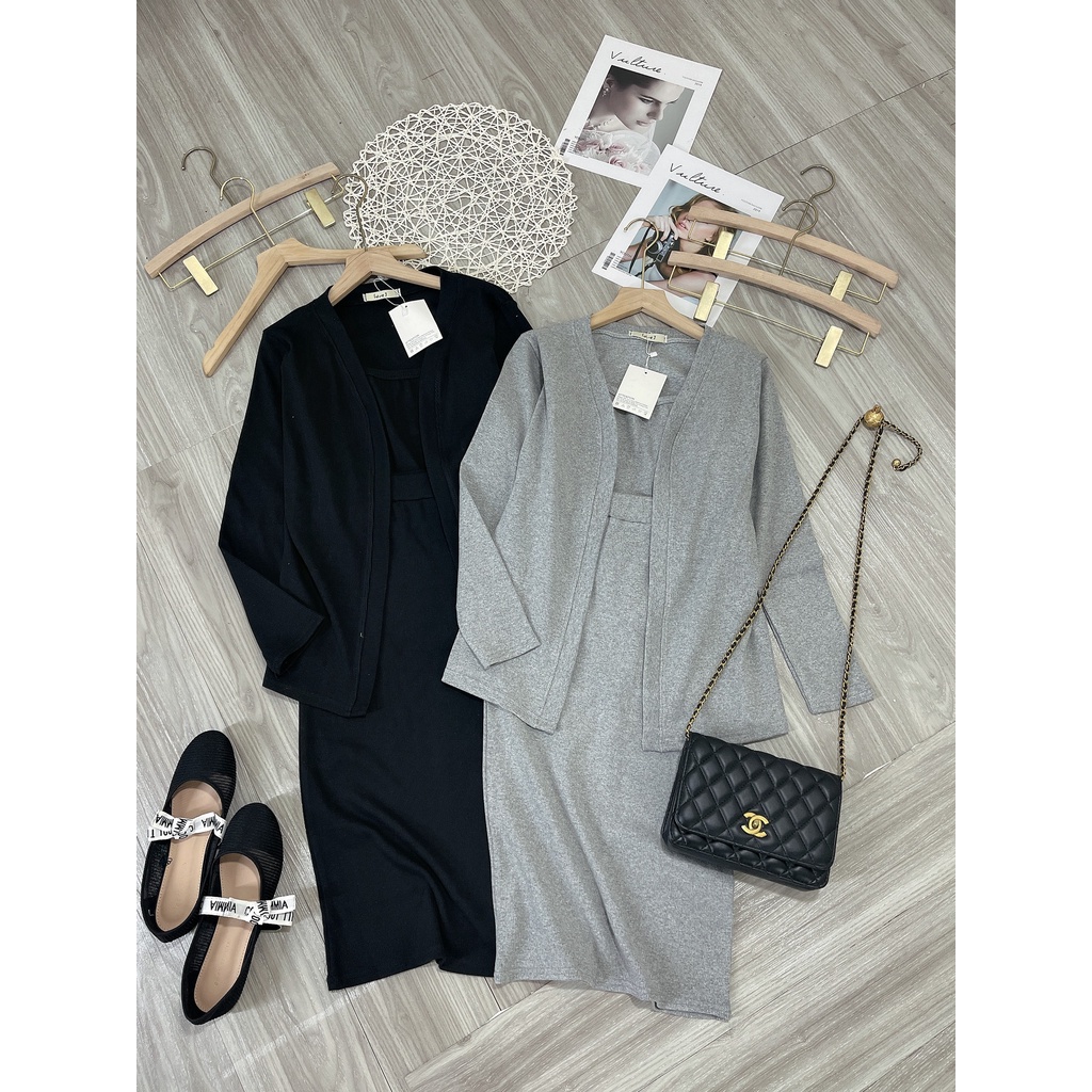 Set váy áo khoác ngoài cardigan len tăm 3 món áo 2 dây chân váy bút chì