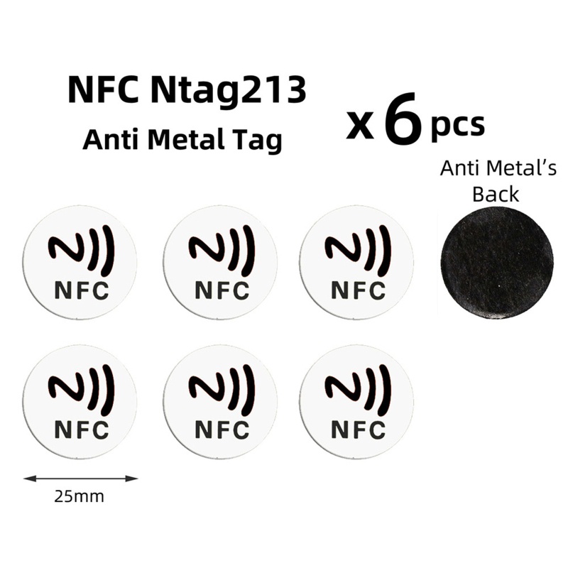 Set 6 Miếng Dán NFC NTAG213 Hình Tròn 25mm Bằng Kim Loại Chống Dính