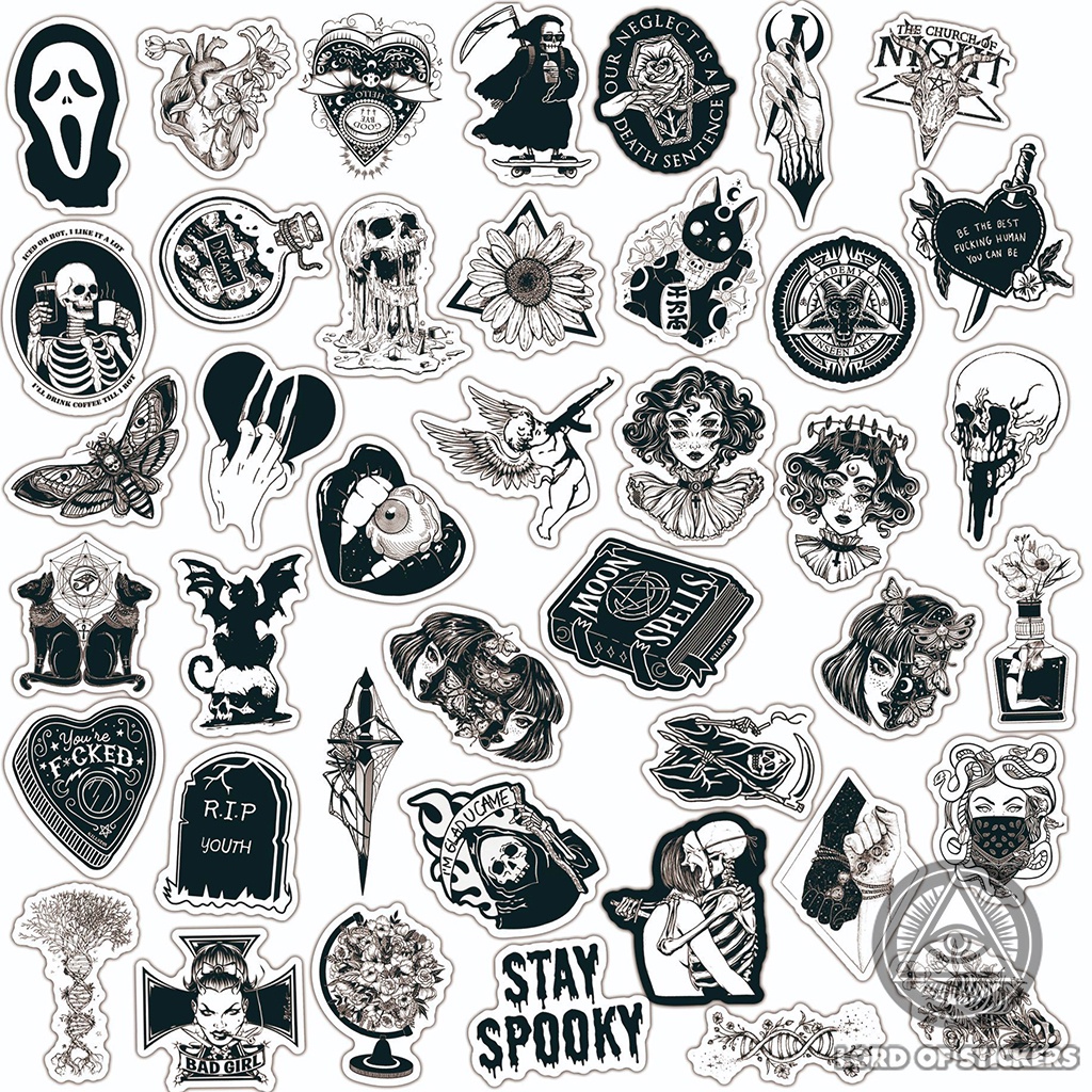 Set 100 Sticker Đen Trắng Graffiti Gothic Hình Dán Chống Thấm Nước Trang Trí Mũ Bảo Hiểm, Laptop, Điện Thoại, Đàn Guitar