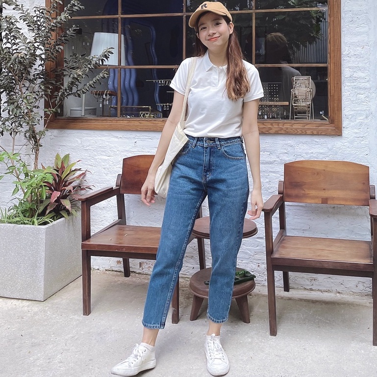 Quần Jeans Nữ Lưng Cao Dáng Baggy Fit Form Lửng 9 Tấc Màu Xanh Đậm Wash Hông LDM-103D