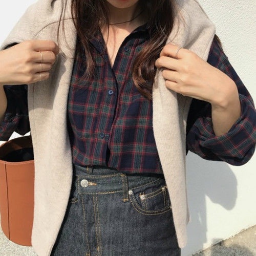 Áo sơ mi caro tay dài thời trang retro Hàn Quốc