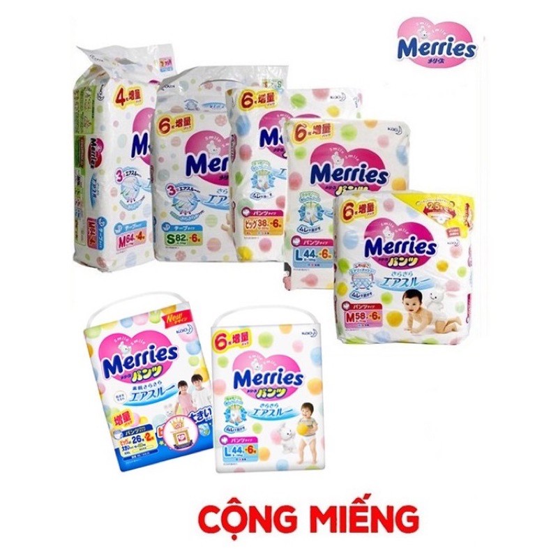 Tã bỉm Dán/Quần Meries cộng miếng Nhật Đủ Size NB90+6/S82+6/M58+6/L44+6/M64+4 /L54/XL38+6/Xxl26+2 [link mới]