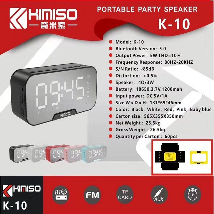 Loa bluetooth mini kimiso k10, đồng hồ báo thức, gương soi, hiển thị đèn led