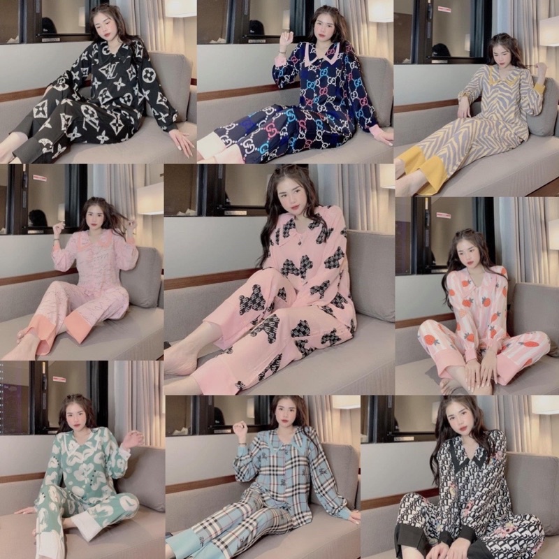 Đồ Bộ Pizama Lụa Mango Cổ Nhọn Tay Dài