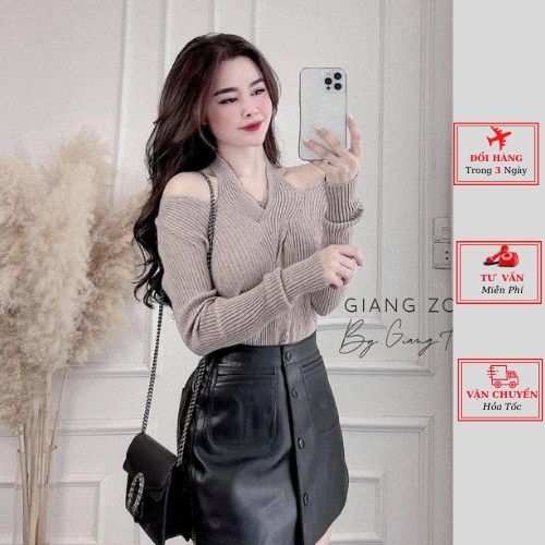 Áo len thừng nữ hở vai dáng ôm body màu nâu be đen ulzzang Hàn Quốc thu đông
