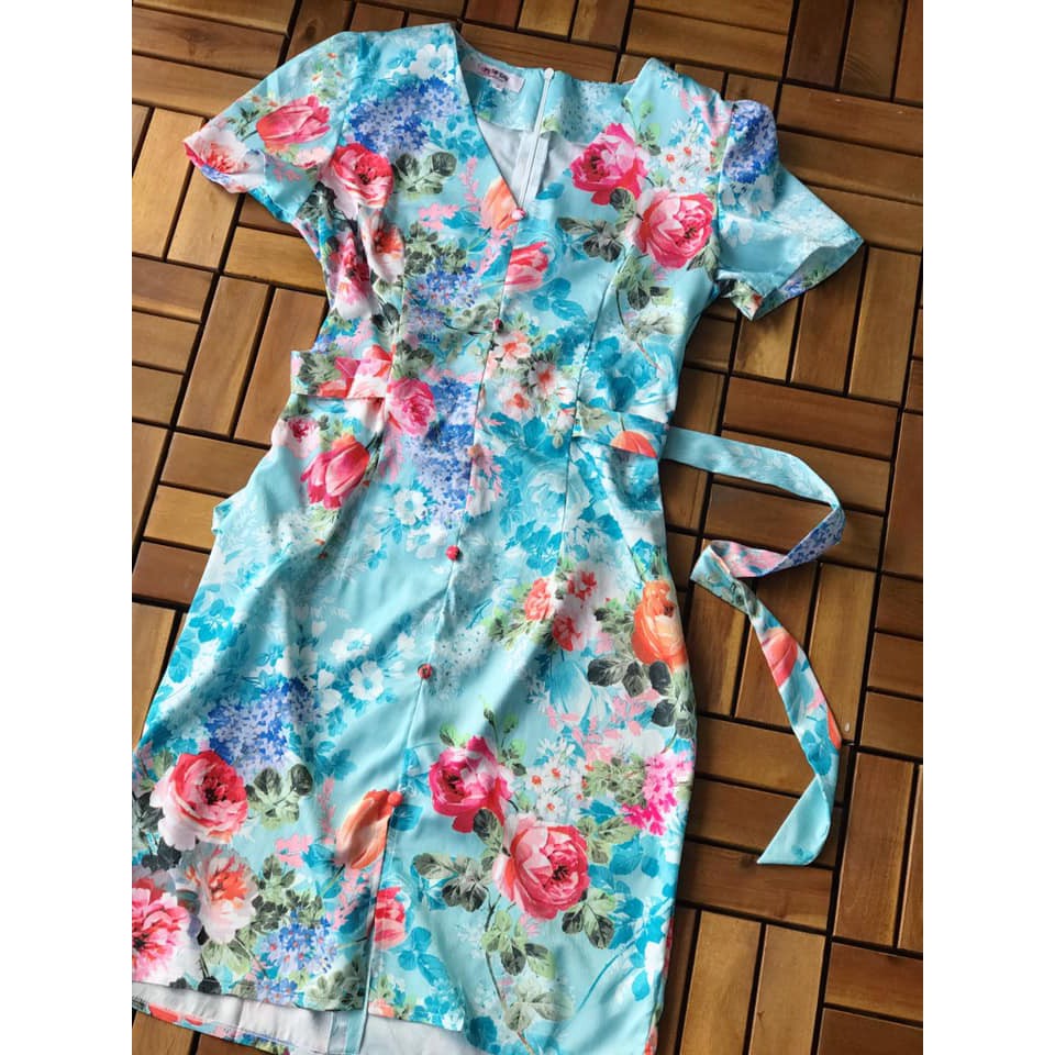 ĐÂM SUÔNG CỔ V THẮT DÂY EO- LỤA VÂN GỖ-LỤA PHÁP CAO CẤP