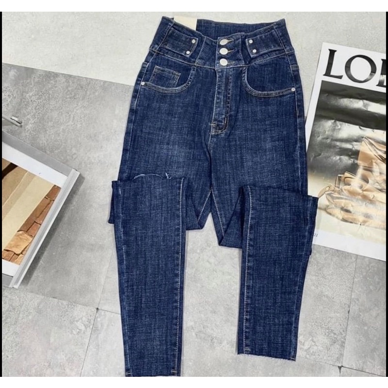 Quần jeans ôm co giãn cá cạp cao 3 khuy cách điệu