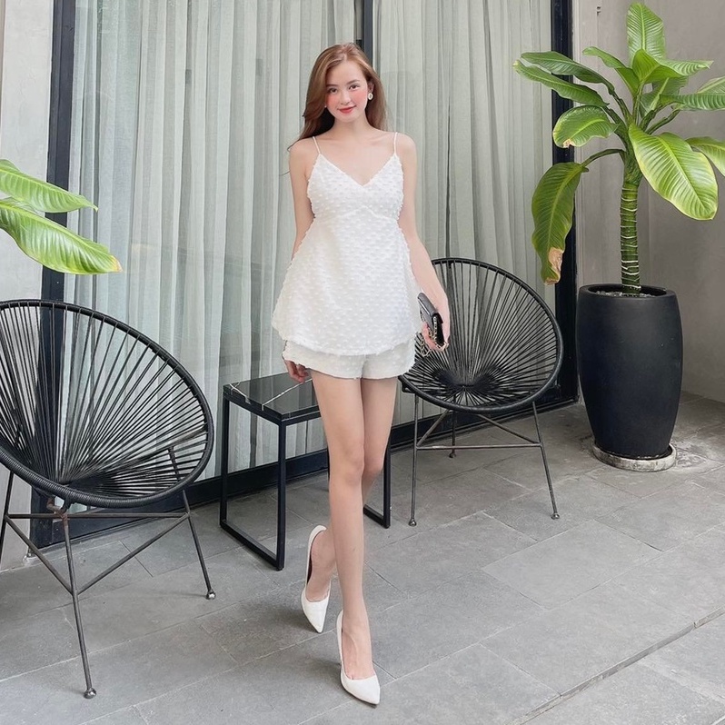 [Ảnh thật] Set short 2 dây hở lưng vái xốp thêu bông đi biển du lịch siêu sexy