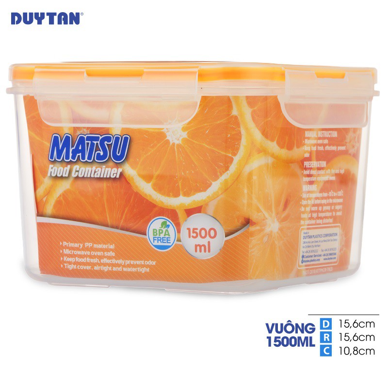 Hộp Nhựa Vuông Đựng Thực Phẩm Duy Tân Matsu dung tích 1500ml (15.6 x 15.6 x 10.8 cm)