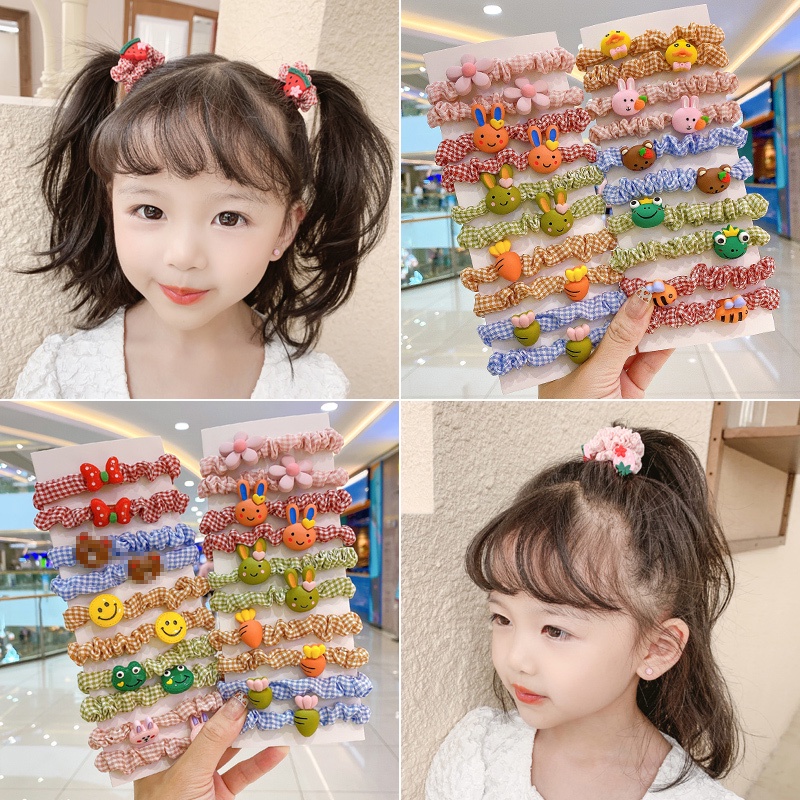 Set 10 Dây Cột Tóc Cao Su Co Giãn In Họa Tiết Trái Cây/ Hoa/ Trái Cây Dễ Thương Cho Bé Gái